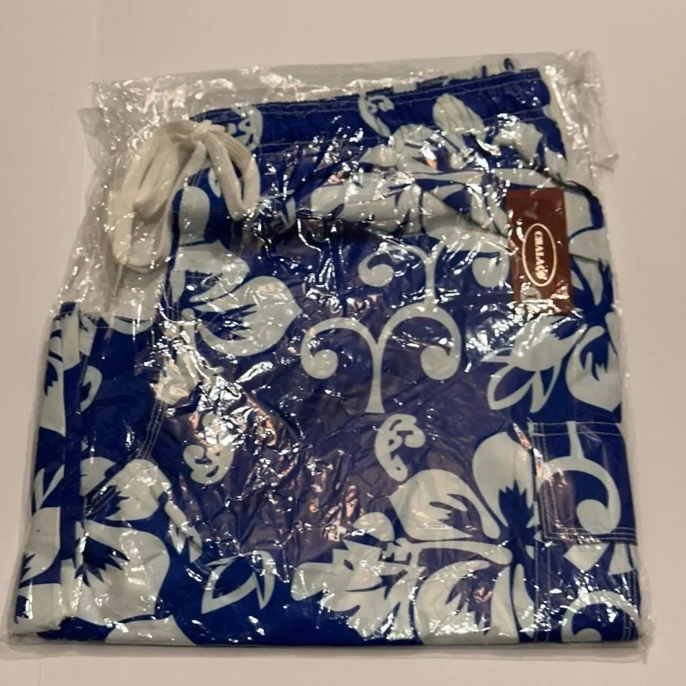 Chalaco Hibiscus Floral Swim Trunks Blue and White | Men Size Large